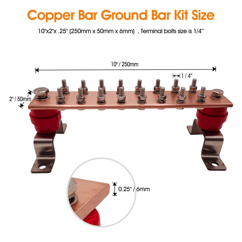 Wall Mount Copper Ground Bar Kit , 10" Ground Bar with 16 Terminal Positions - Image 4 of 4
