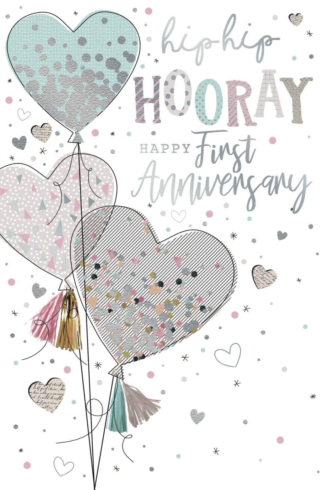 Hip Hip Hooray Happy First Anniversary 1st Love Heart Balloons Silver Foil Card