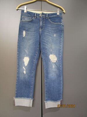 Mos Mosh Jeanshose Blau verwaschen Cut outs 7/8 Umschlag Fransen Gr 26 B104-3