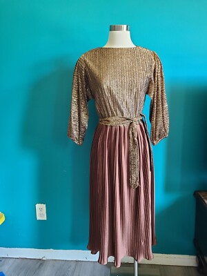 Womens Vintage Bronze Metallic Pleated Cocktail Dress Size Medium 70s 80s |  eBay