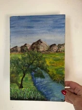 Оригінальна картина акрилом оргаліт 8х10 дюймів Пейзаж гори ріка поле