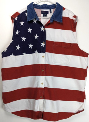 Vtg CST Blues Womens Sleeveless Denim Button Up Shirt 26 Pockets Patriotic Stars