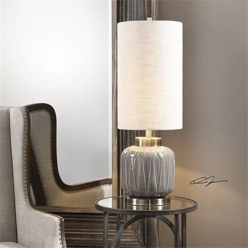 Uttermost Zahlia Ceramic Metal and Fabric Table Lamp in Aged Gray and Khaki - Picture 2 of 7