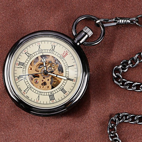 Luxury Roman Numerals Open Face Black Self Winding Mechanical Pocket Watch Chain - Picture 7 of 7