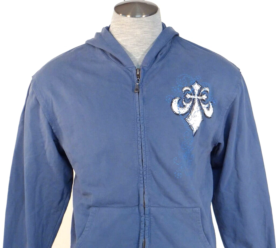 Sudadera con Capucha Affliction Signature Azul Vintage Monocle Calavera Cremallera Frontal Para Hombres NUEVA Foto 2 de 4