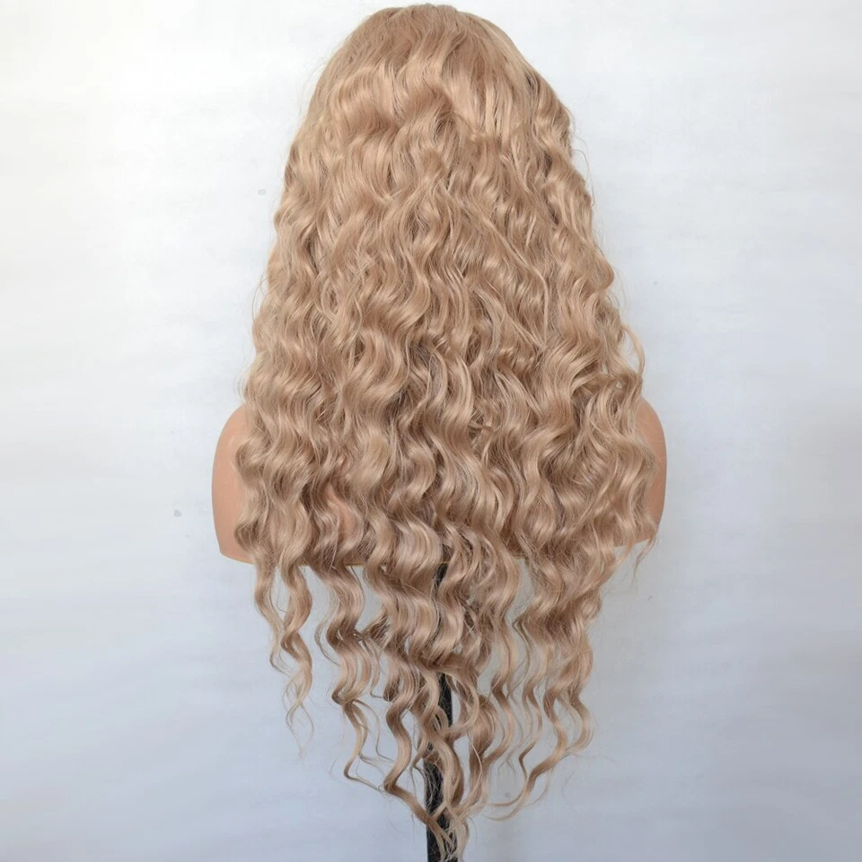 Pelucas rizadas rubias de encaje sintético parte lateral fibra natural resistente al calor para mujer Foto 2 de 4