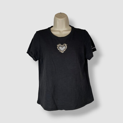 Cinq à Sept Women's Black Cutout Rhinestone Heart Crewneck T-Shirt Top Size S
