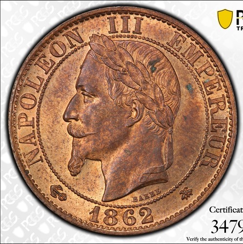 France, Napoleon III, 5 centimes 1862-A, PCGS MS63RB, Imperial Eagle