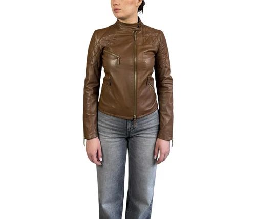 Giacca pelle biker donna Gucci vintage full zip mini logo bomber marrone tg 40