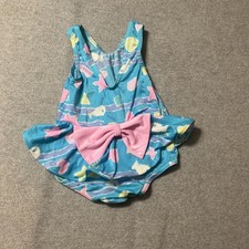 Vtg Carter's Baby Toddler Girl Swim Bathing Suit One Piece 12 Mo Blue Pink Bow