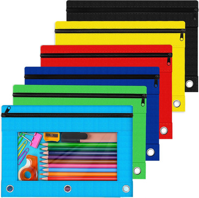 Pencil Pouch for 3 Ring Binder, Bulk 6 Pack 3 Hole Zipper Pencil Pouches with Cl
