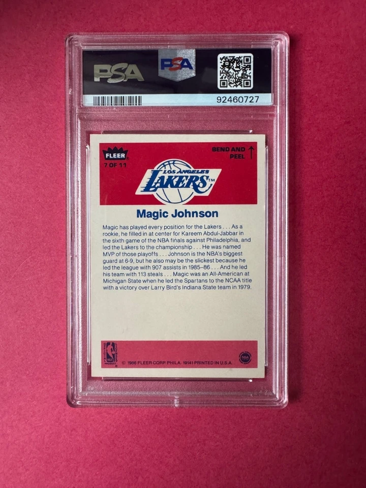 1986 Fleer Magic Johnson sticker #7 HOF PSA 8 - Image 2 of 2