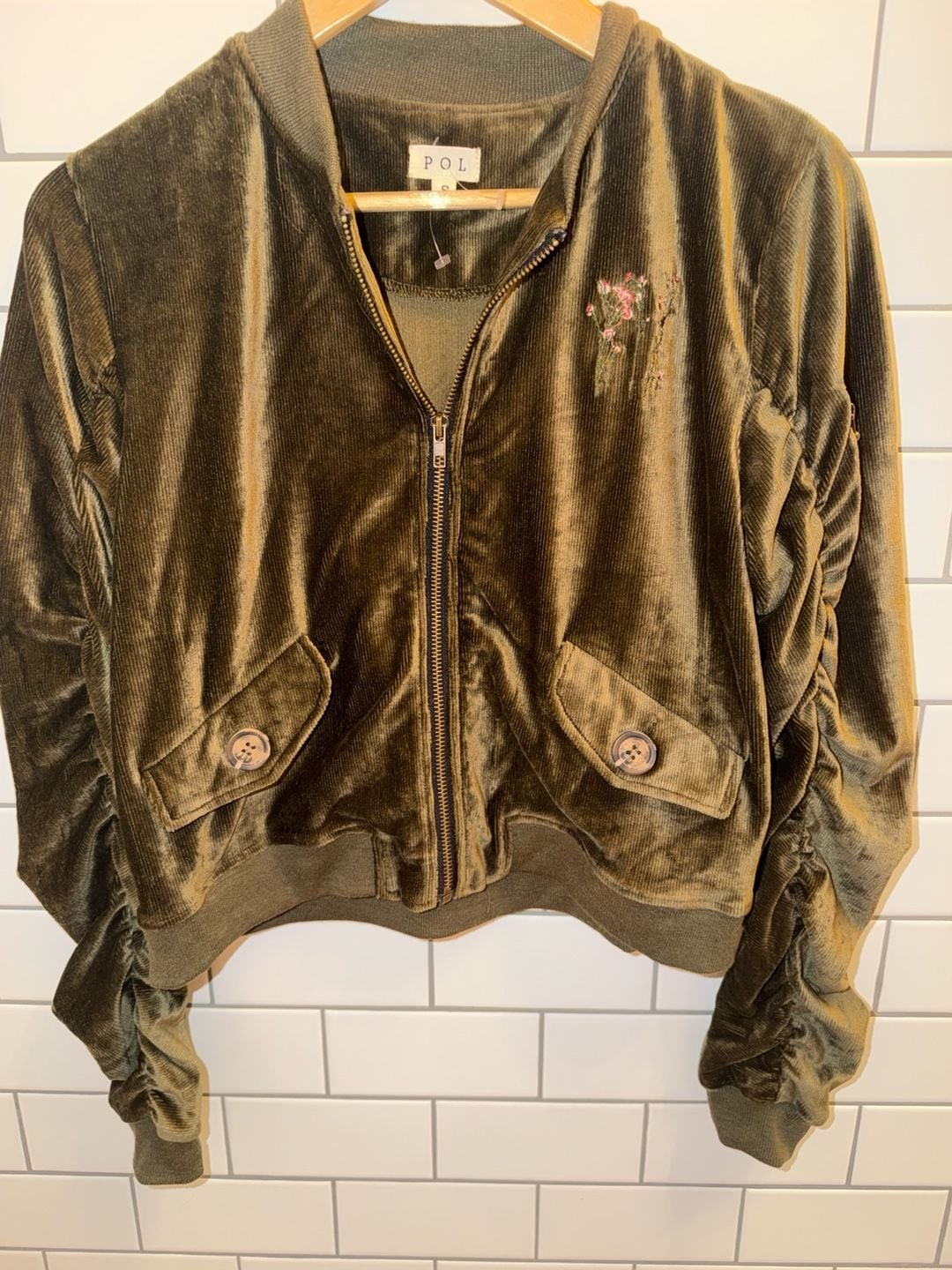 POL Olive Green Corduroy Floral Embroidered Ruched Sleeve Bomber Jacket Size S