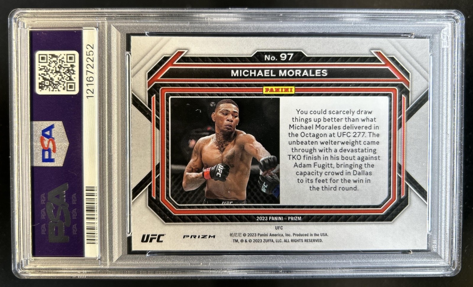 2023 Panini Prizm UFC Michael Morales RC Hyper Prizm Rookie #97 PSA 8 view 2