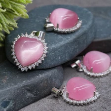 Pink Cats Eye Heart Crystal Pendant Silver Jewelry Gift Pink Boho Accessories