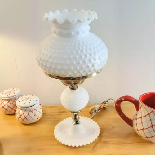 Milk Glass Table Lamp Vintage Hobnail Lantern Shade Glossy Finish 1950s