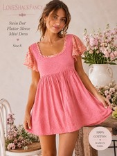 LoveShackFancy Pink Swiss Dot Flutter Sleeve Mini Dress 8 Cottagecore Boho B5