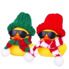 Rubber Duck Car Ornaments 2Pack Winter Duck Car Dashboard T-Red&Green Wool Cap