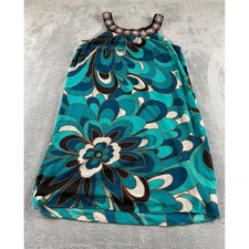 Another Thyme Women 14 Turquoise Brown Floral Beaded Neck Shift Dress 11431