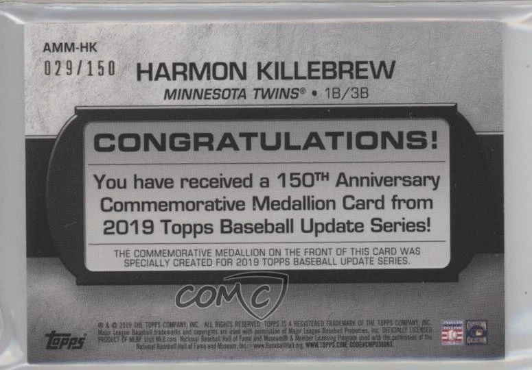 2019 Update Manufactured Medallion 150th Anniversary /150 Harmon Killebrew HOF - Image 2 of 2