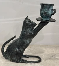 Vintage Bronze Cat Holding Tea Cup Candle Holder