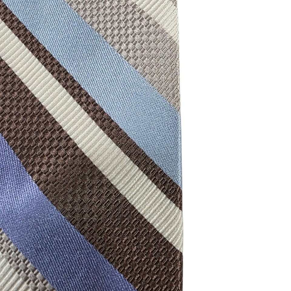 Corbata de diseñador Ike Behar New York para hombre de lujo azul marrón plateado a rayas Foto 3 de 4