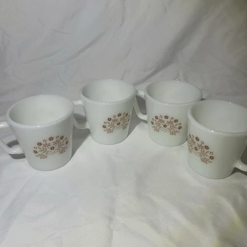 Vintage Pyrex Milk Glass Coffee Cup Summer Impressions Handle Set of 4