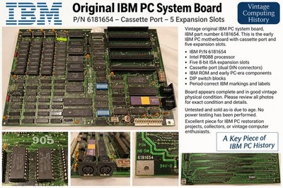 Vintage IBM PC 8088 System Board 6181654 Cassette Port 5-Slot Motherboard