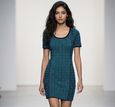 ROMEO + JULIET Couture Geometric Sweater Dress Shift Turquoise Black Green Teal