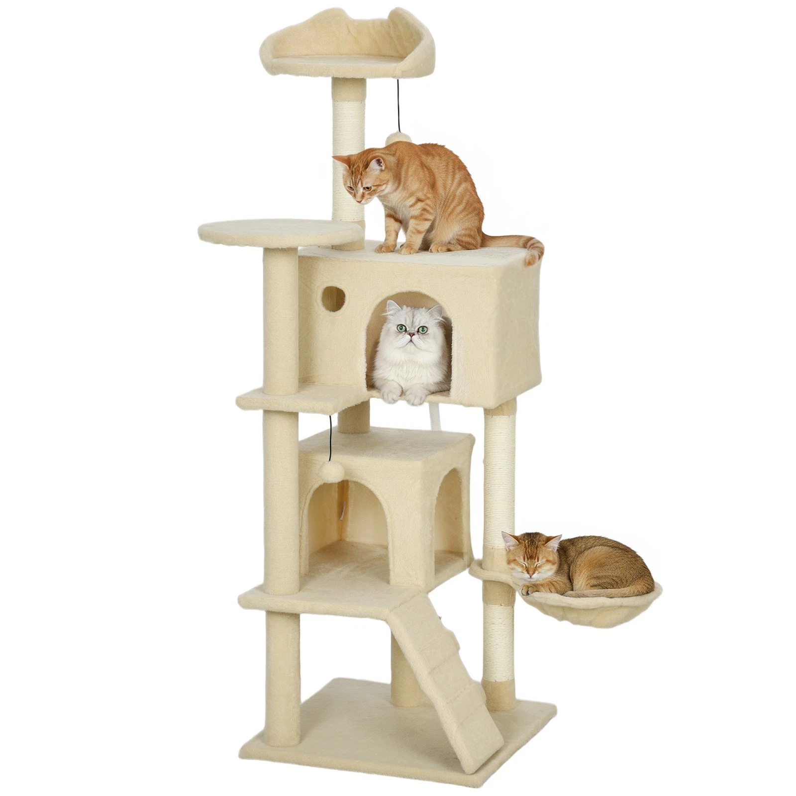 PawHut 140cm Cat Tree Tower with Sisal Scratching Posts, Condos, Beige