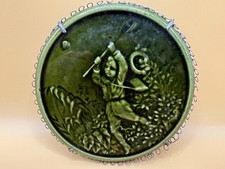 Vintage MAJOLICA Tile Trivet Dark Green Boy C...