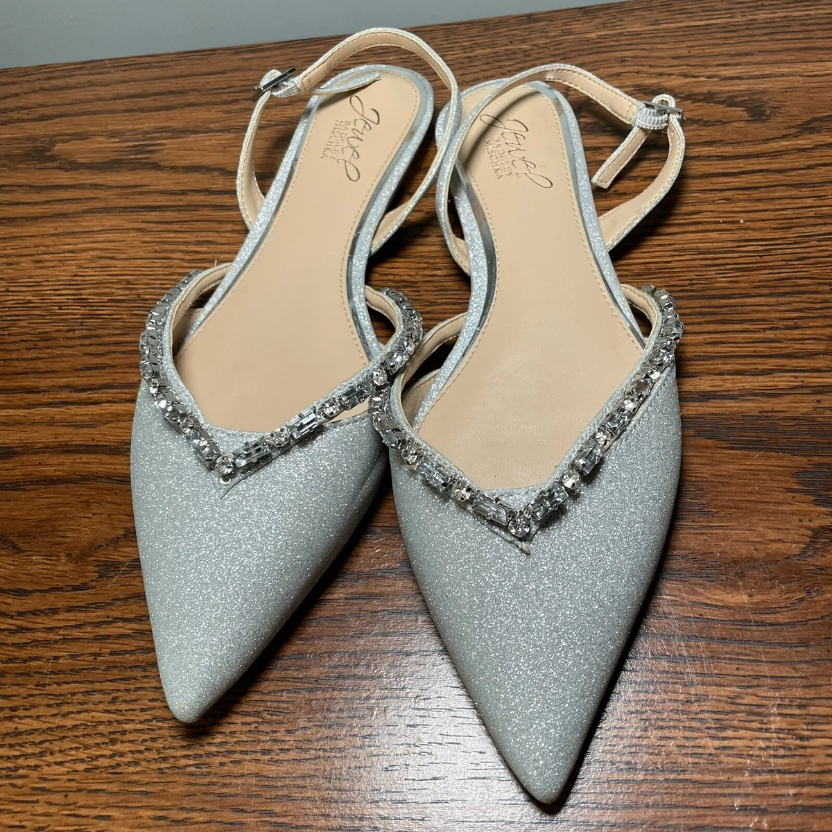 Jewel Badgley Mischka Camden Flats Evening Silver Slip Ons Women 7.5 Pointy  Toe