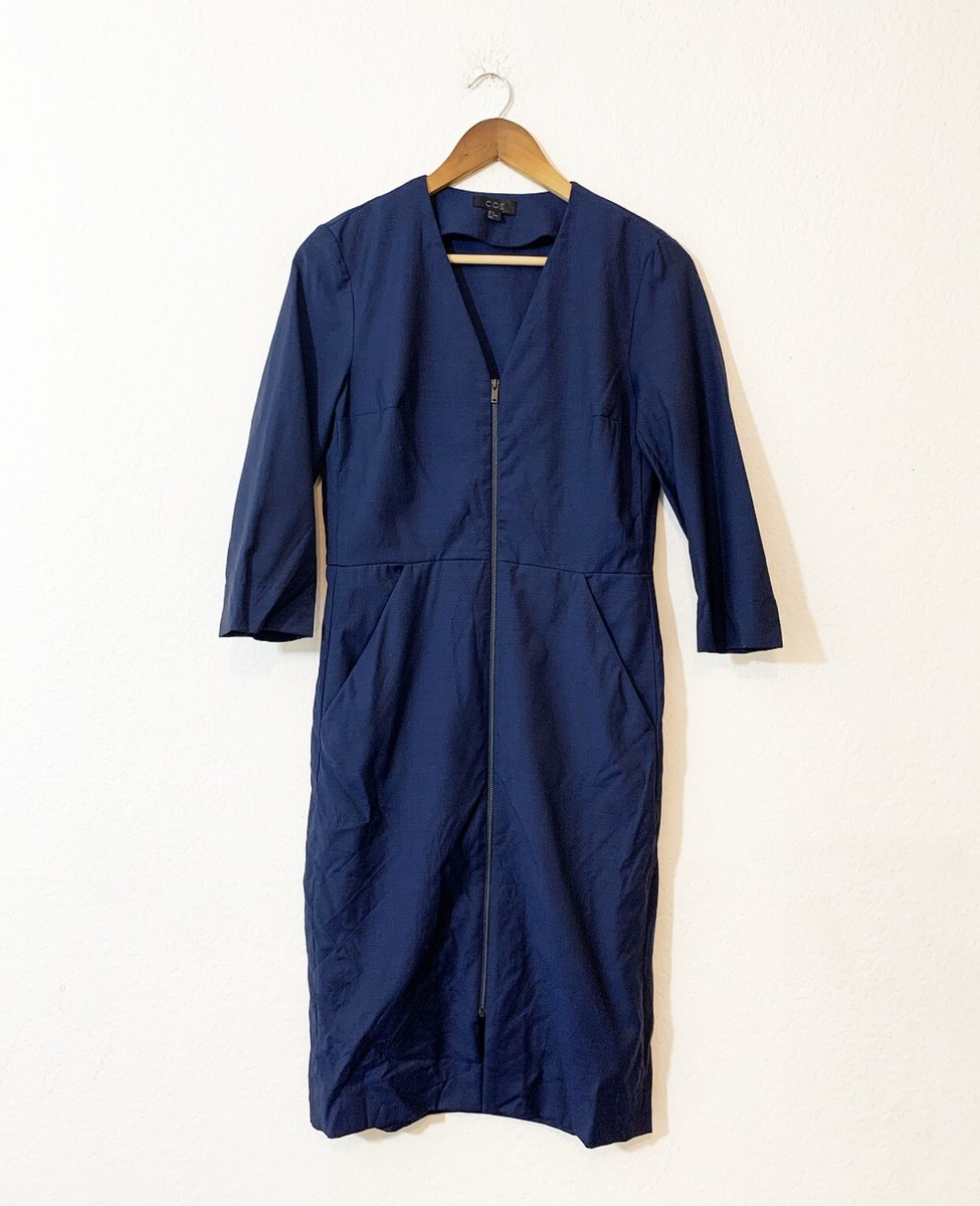 cos navy blue dress COS 3/4 Sleeve Navy Blue V-Neck Zip Up Pocket Dress