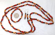 Matching Set, Necklace, Bracelet, Earrings, Painted Wood Beads in Patterns