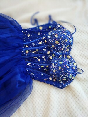 Blue Crystal Sequin Corset Full Long Evening Gown Tulle Dress
