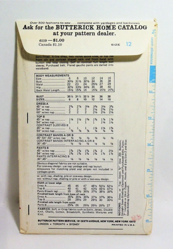 Vintage 1970s Butterick SEWING PATTERN 6119 Flared Gaucho Pants Top Dress Sz 12 - Image 2 of 4