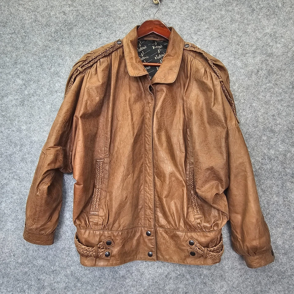 Chaqueta de Cuero Vintage Años 80 S Coñac Trenzado Bombardero Gran Tamaño VALERIE 34 DEFECTUOSA