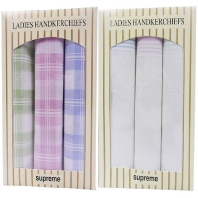 SUPREME WOMENS LADIES 100% COTTON HANKIES HANKERCHIEFS MULTI PACK OF 3 GIFT BOX 29X29 CM