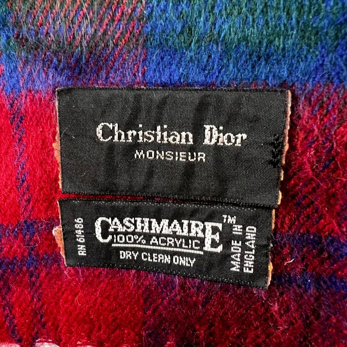 Christian Dior Monsieur Cashmere Acrylic Scarf Plaid Red Blue
