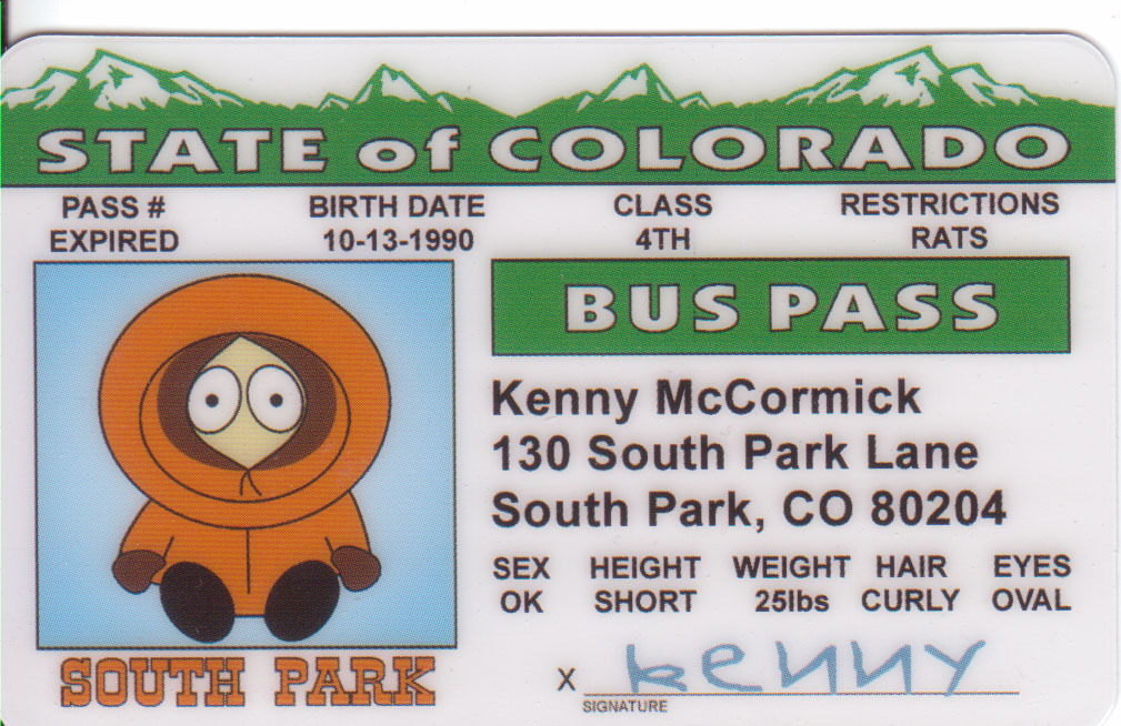 South Park Cartoon Kenny McCormick plastic collector ID card Drivers License