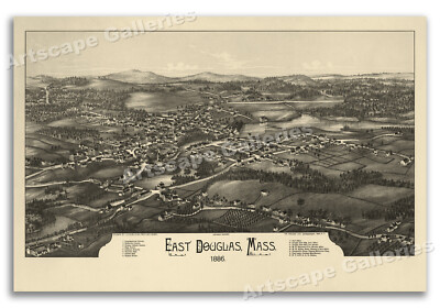 East Douglas Massachusetts 1886 Historic Panoramic Town Map - 20x30