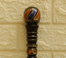 Handcrafted Ebony Wood Walking Cane 37" Amber and Lapis Inlay Stick Round Handle