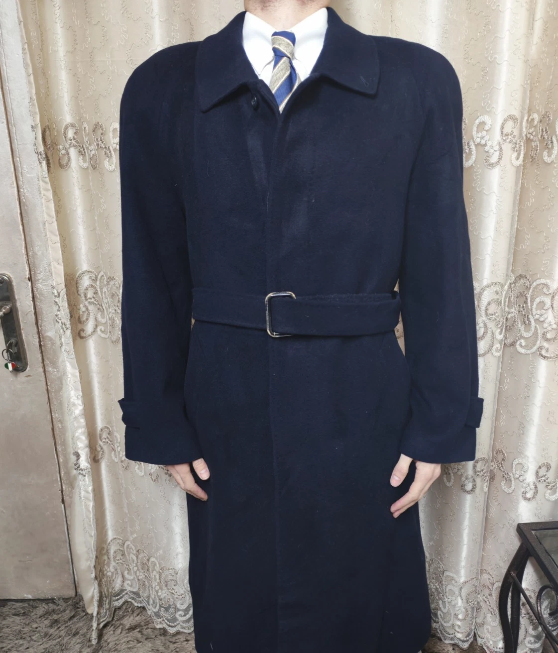 Vintage Franco Ancona classic wool Cashmere navy belted raglan over coat 44R 46R