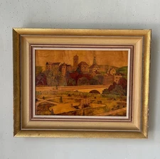 French Vintage Marquetry Inlay Picture Framed Intarsia Wood Wall Art Castle Lan