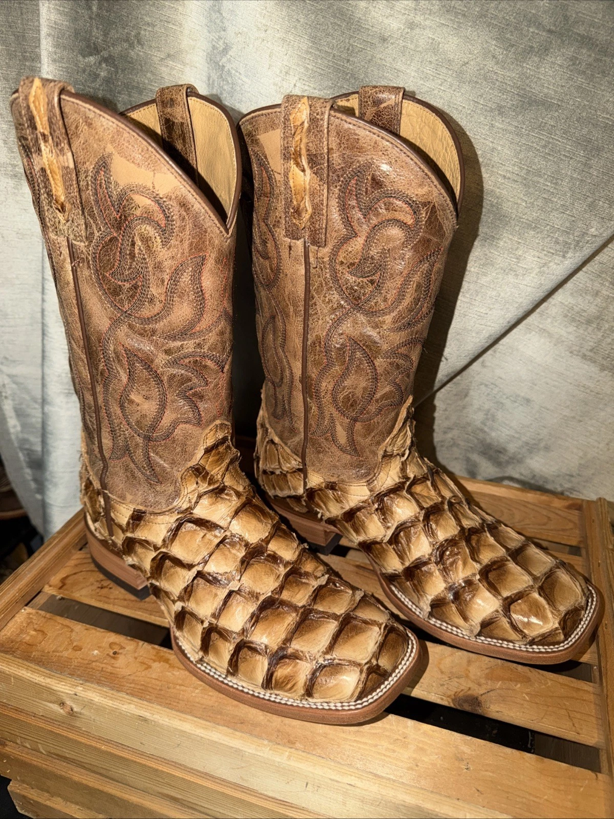 Cody James Men’s Pirarucu Exotic Fish Western Cowboy Square Toe Boots Size 9D