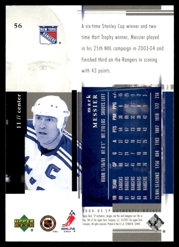 2004-05 SP Authentic ! Mark Messier New York Rangers #56 - Image 2 of 2