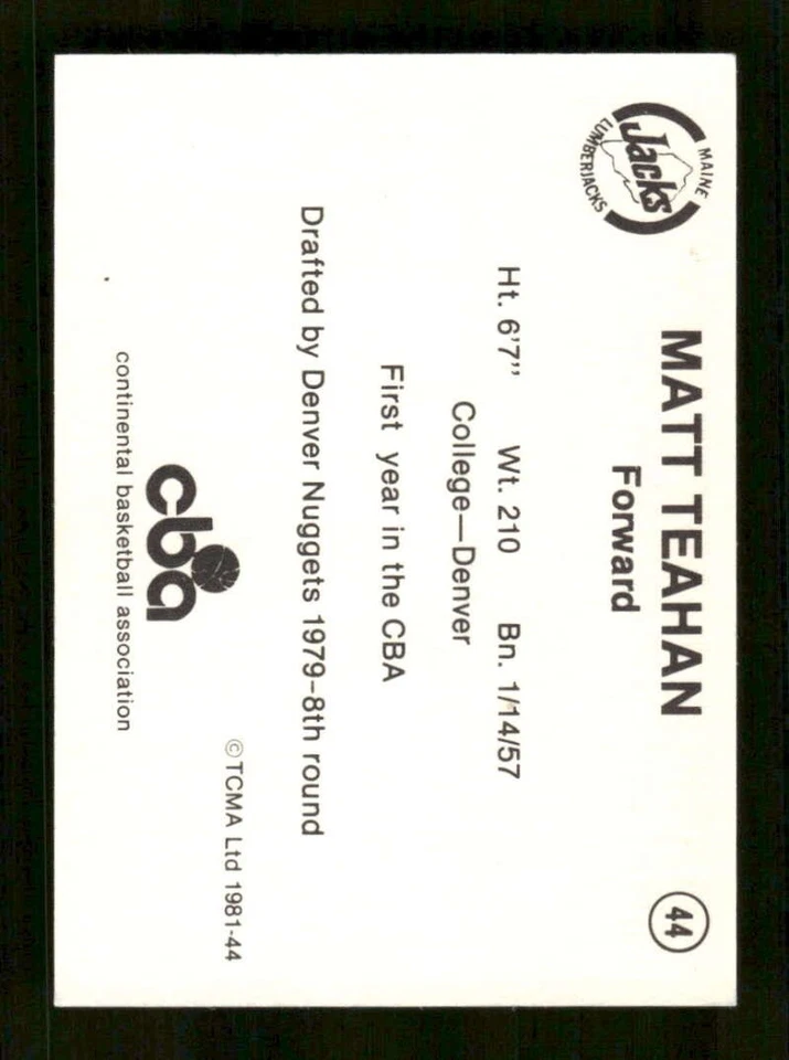 1980-81 TCMA CBA Maine Lumberjacks 44 Matt Teahan signed auto autograph BXCP47 - Image 2 of 2