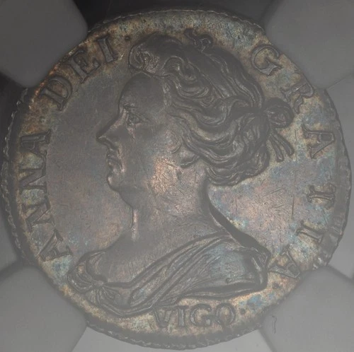 1703 VIGO NGC AU58 ENGLAND SIX PENCE QUEEN ANNE SIXPENCE 6P GREAT BRITAIN TONED