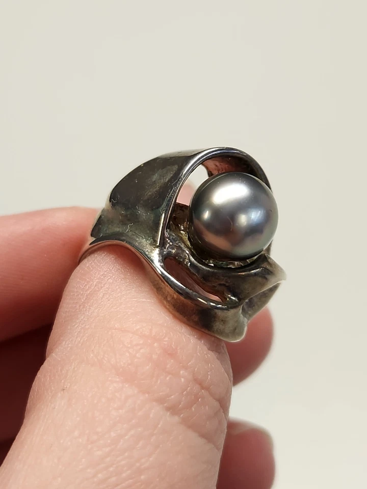 Anillo retro de plata de ley 925 con perlas negras talla 6 JNS Foto 2 de 4