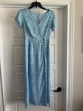 Sienna Sky Ditsy Floral Faux Wrap Crossover Top Flutter Sleeve Modest Midi Dress